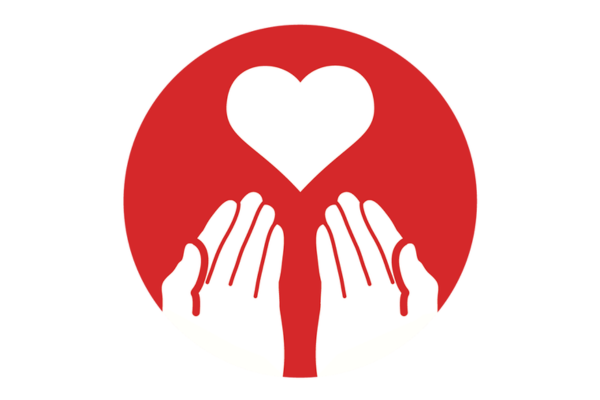 A circular red icon featuring two white hands open and facing upwards, positioned below a white heart symbol, symbolising care, support, and compassion.