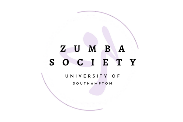 Logo for the Zumba Society at the University of Southampton. The design features black uppercase text reading 'ZUMBA SOCIETY' with 'UNIVERSITY OF SOUTHAMPTON' in smaller font below. A stylized light purple abstract figure, resembling a dancing person, is in the background. A thin, curved purple line partially frames the design.