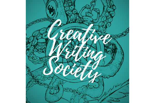 A teal-coloured digital illustration for the 'Creative Writing Society.' The background features a detailed line drawing of an octopus with tentacles wrapped around a ship's wheel, an anchor, and chains. The octopus has one eye visible, and its tentacles appear to be interacting with various nautical elements. The society's name, 'Creative Writing Society,' is displayed in elegant, flowing white script across the centre of the image.