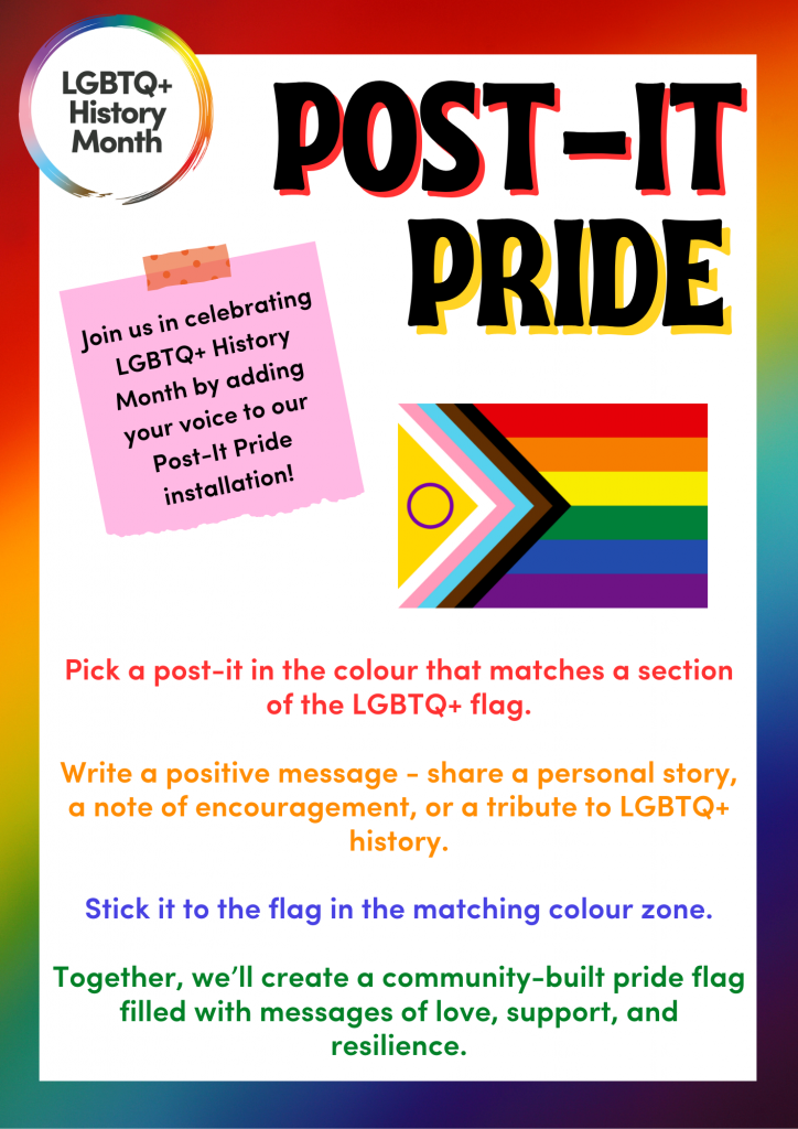 A colorful poster titled 'POST-IT PRIDE' with bold red and black text. The LGBTQ+ History Month logo is in the top left corner. Below the title, there is an image of the Progress Pride flag. A pink post-it note with a pinned effect contains the text: 'Join us in celebrating LGBTQ+ History Month by adding your voice to our Post-It Pride installation!' The instructions encourage participants to pick a post-it in a color that matches a section of the LGBTQ+ flag, write a positive message, and stick it in the matching color zone. The bottom text highlights the goal of creating a community-built pride flag filled with messages of love, support, and resilience. The background has a rainbow gradient border.